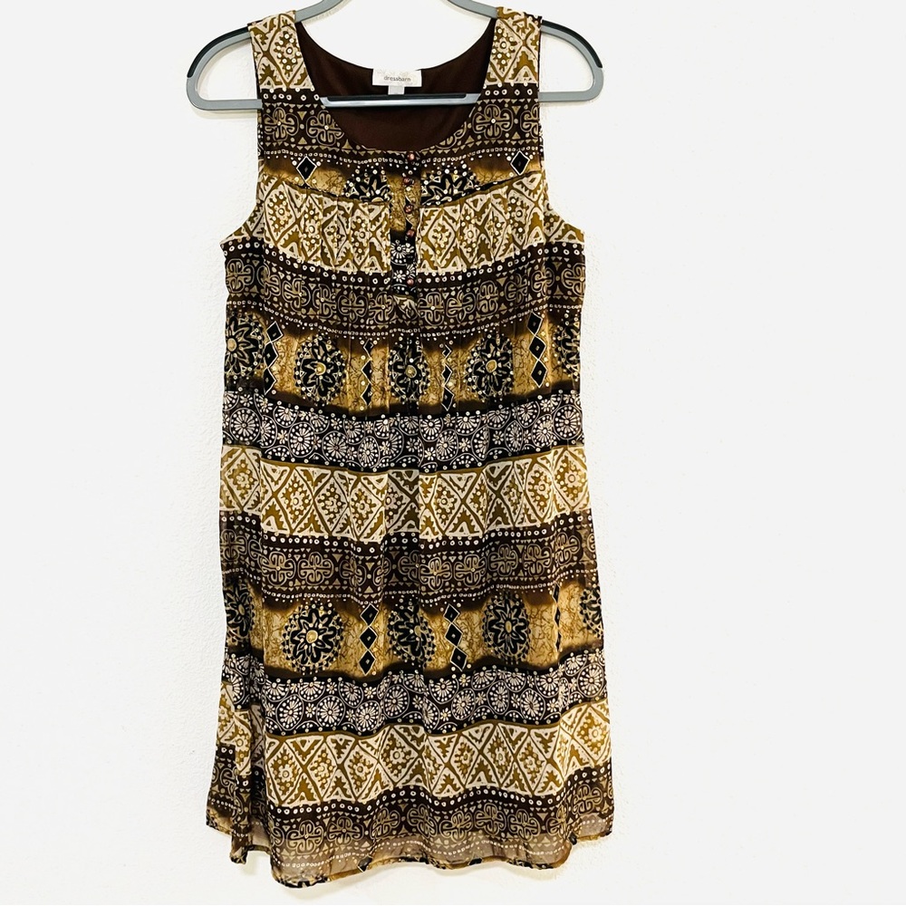 Sleeveless boho brown and gold print dress from Dressbarn. Size 10